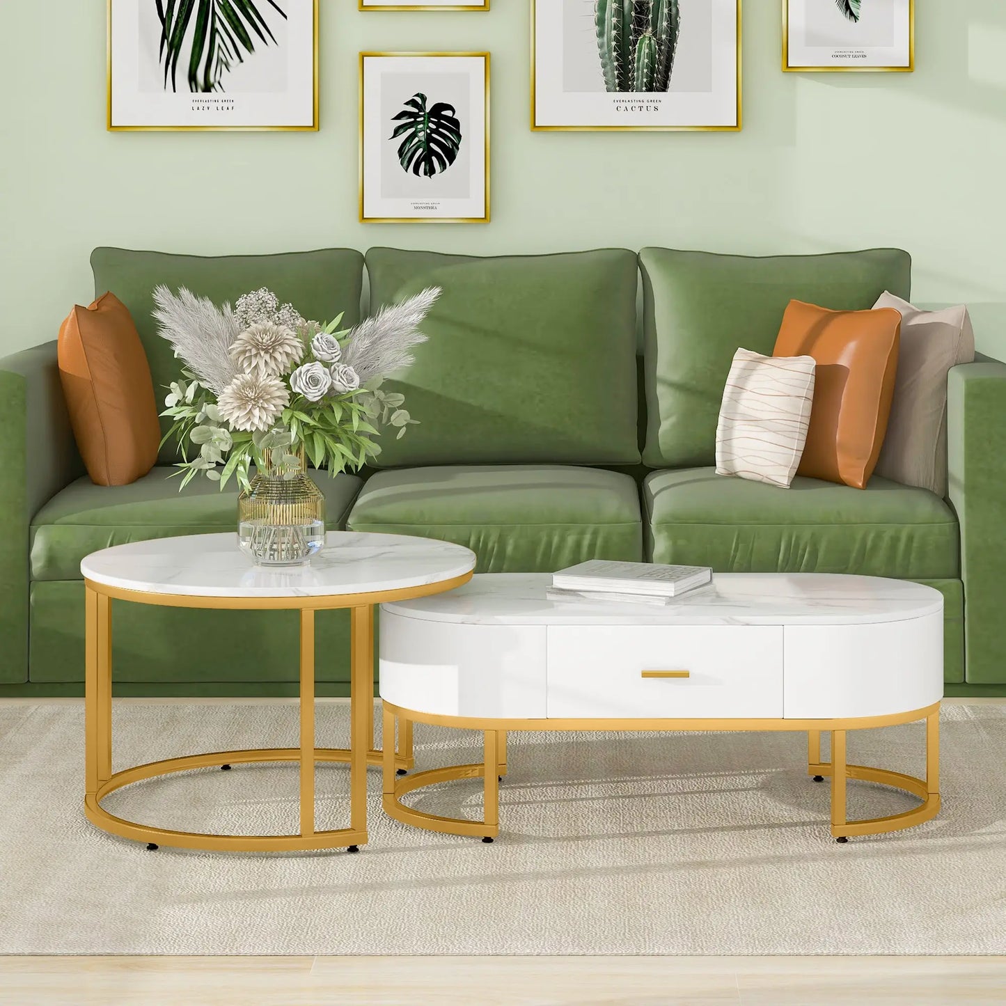 MFURN Set of 2 Nesting Modern Coffee Tables – Gold Metal Frame & Spacious Marble-Effect Surface