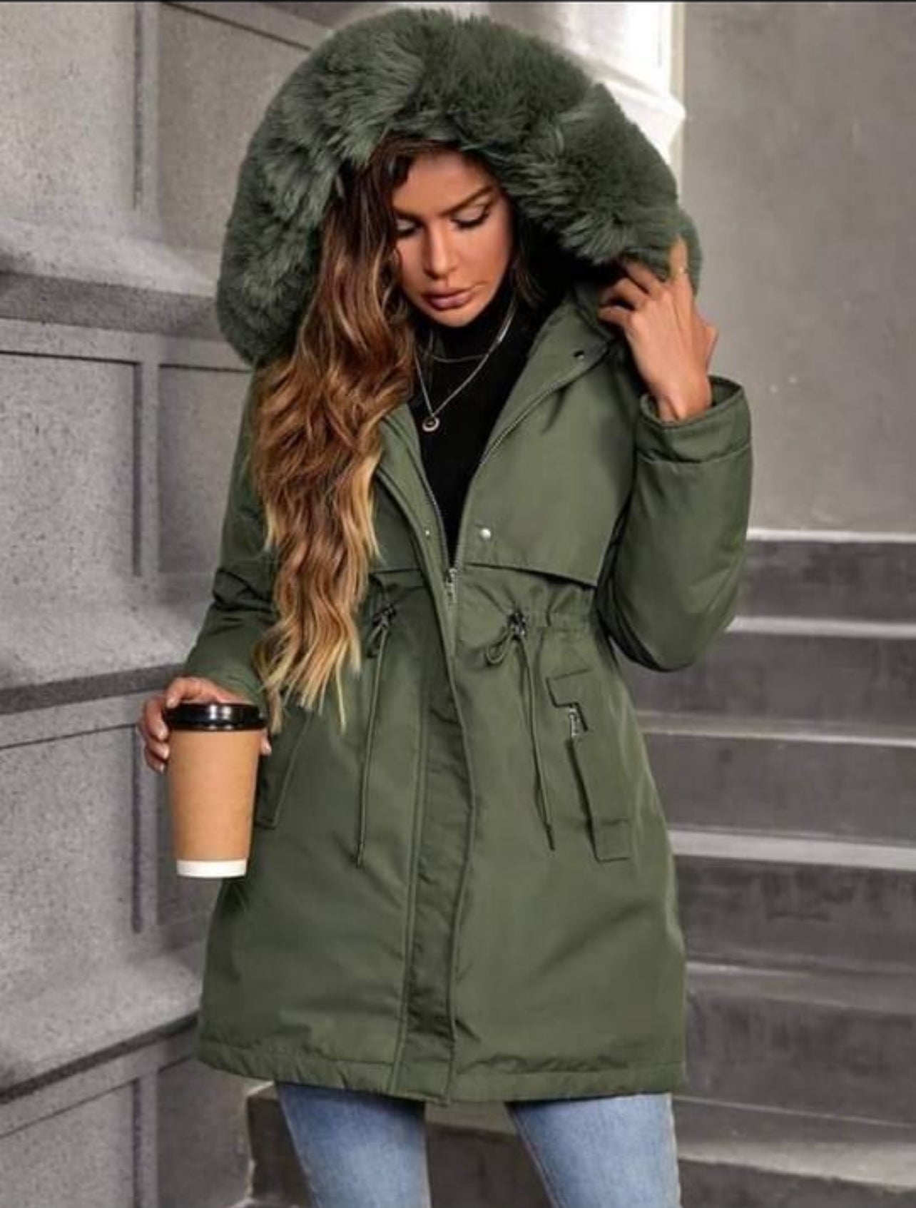 Ladies Hooded Faux Fur Lined Parka Jacket - Various Colours