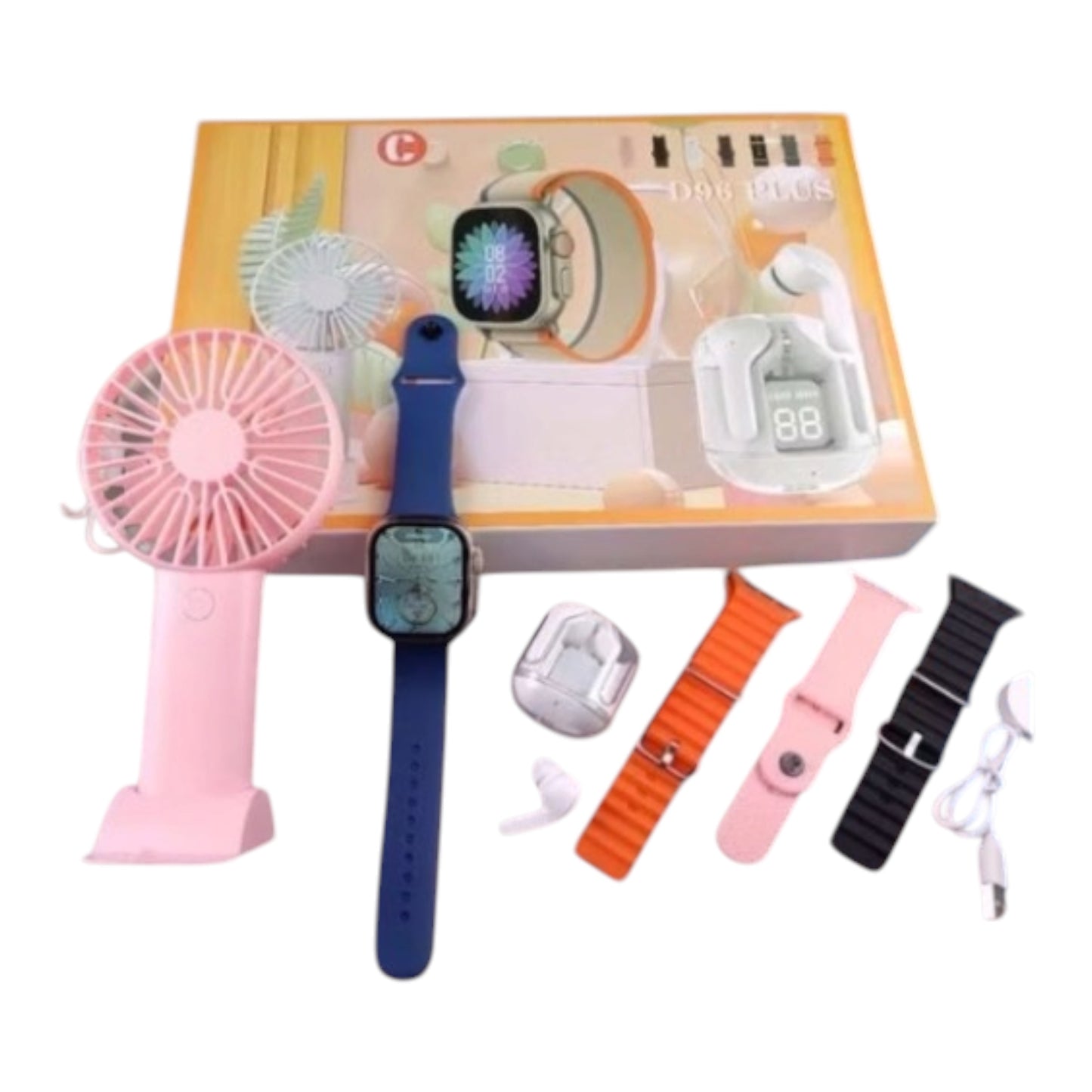 Smartwatch, Handy Fan and Earbuds Combo Set. Bluetooth Calling Smart Watch with 4 Straps, Best Quality Hand Fan and Earbuds Gift Set D96 Plus-Various Colours