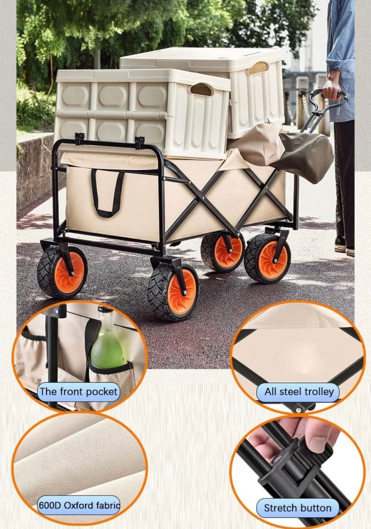 Collapsible Folding Wagon, Heavy Duty Utility Wagon Cart Foldable Collapsible Wagon With All-Terrain Wheels Outdoor Camping Garden Cart