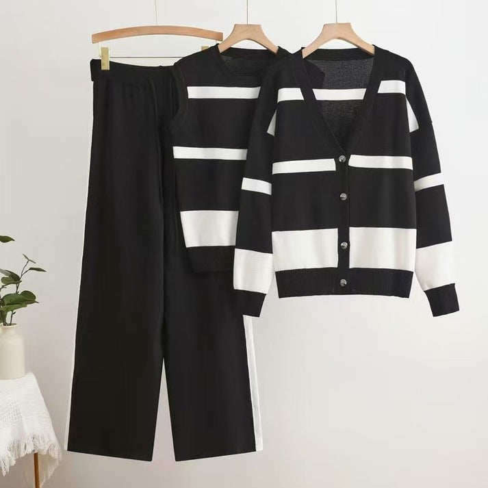 Women Striped Vest,Button Cardigan & Wide-Leg Pants,3pc Set-Various Colours