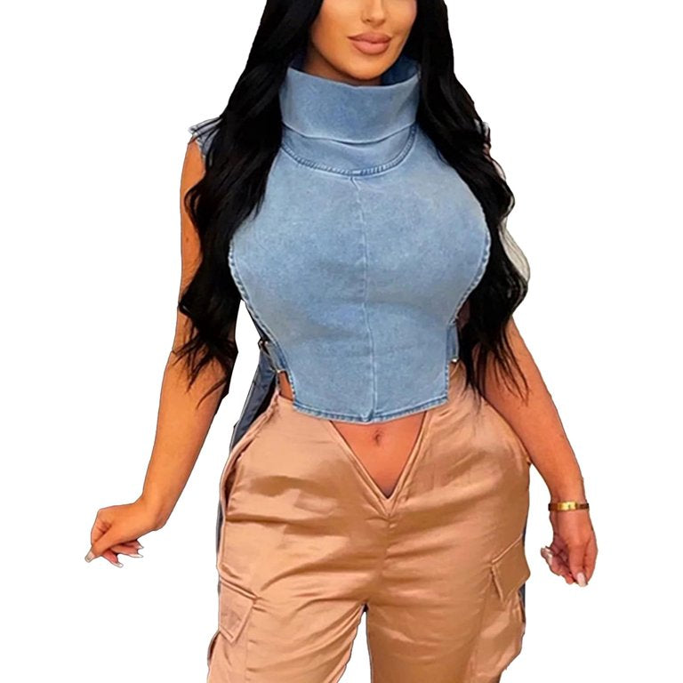 Women's Sleeveless Denim Crop Top Vest Sexy Summer Jean Vest Shirt Tank Tops Waistcoat Jacket