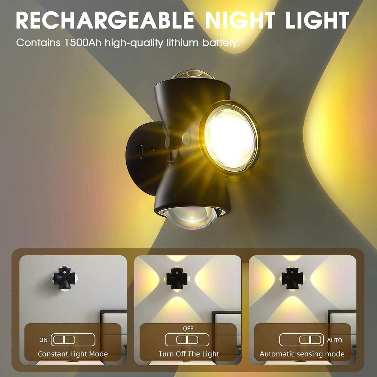 MHome Rechargeable Magnetic Motion Sensor Wall Light, Type-C, 3 Modes