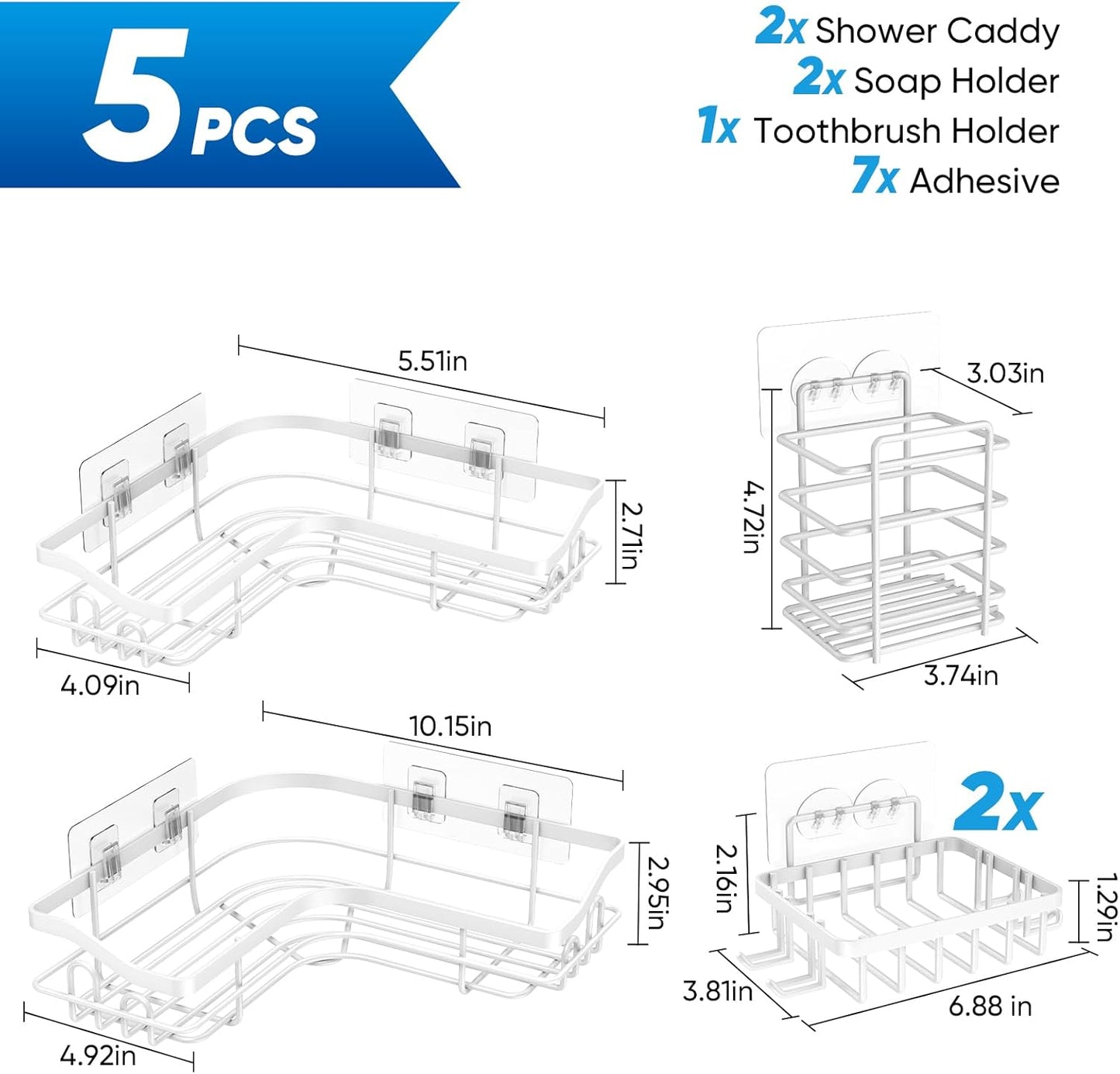 Mhome White 5-Piece Shower Organizer Set, No-Drill, Rustproof Corner Shelves