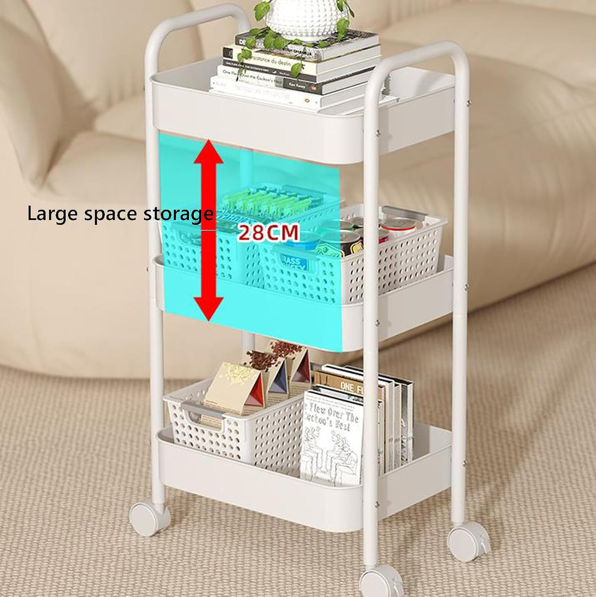 MHome 3 Tier Rolling Storage Cart with Wheels, Carbon Steel, 45x30x78cm