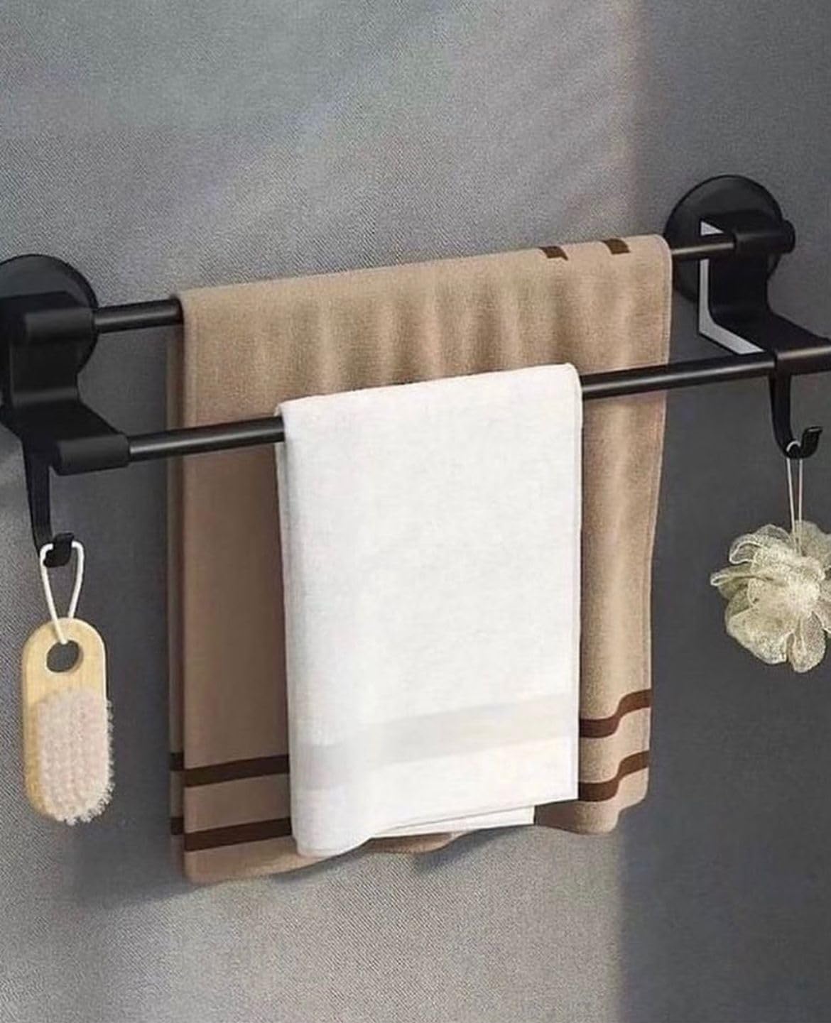 MHome 50cm Bathroom Towel Rack – Nail-Free Double Pole Storage Rack with Hooks & Slipper Bracket