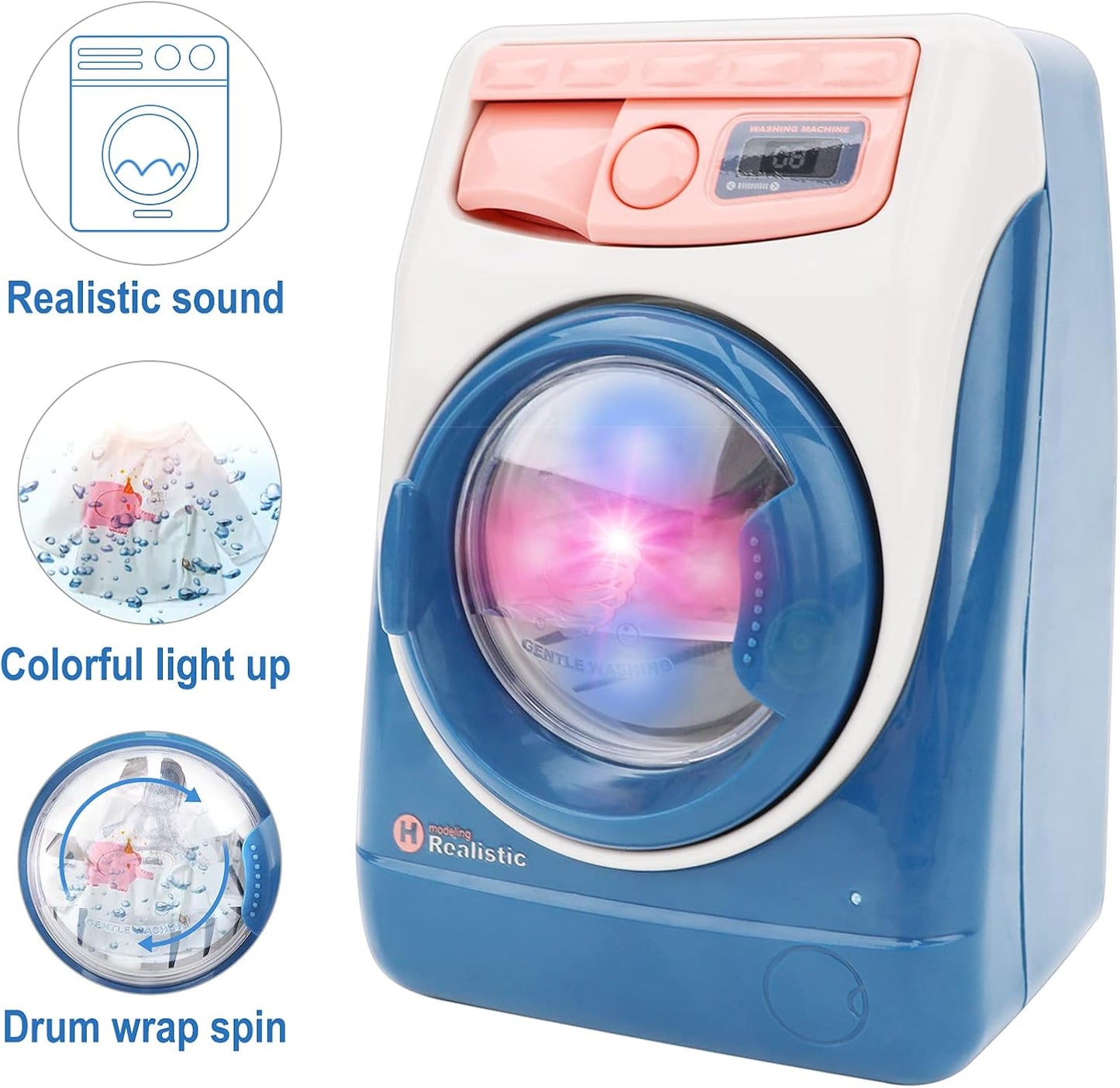 Kids Mini Simulation Washing Machine Toy - Battery Operated Laundry Play Set with Realistic Sounds & Lights