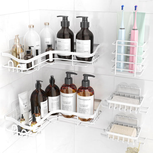 Mhome White 5-Piece Shower Organizer Set, No-Drill, Rustproof Corner Shelves