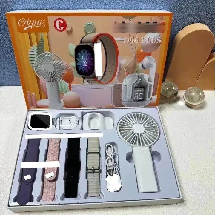 Smartwatch, Handy Fan and Earbuds Combo Set. Bluetooth Calling Smart Watch with 4 Straps, Best Quality Hand Fan and Earbuds Gift Set D96 Plus-Various Colours