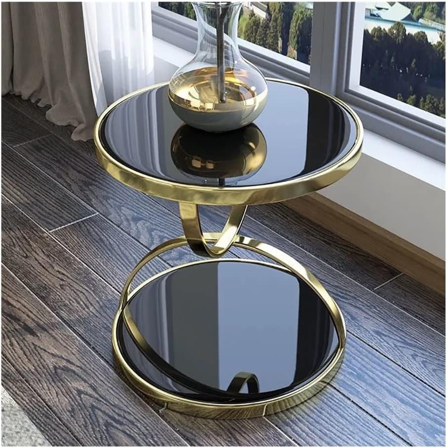 MFurn Gold Round End Table with 2-Tier Tempered Glass Storage Shelf
