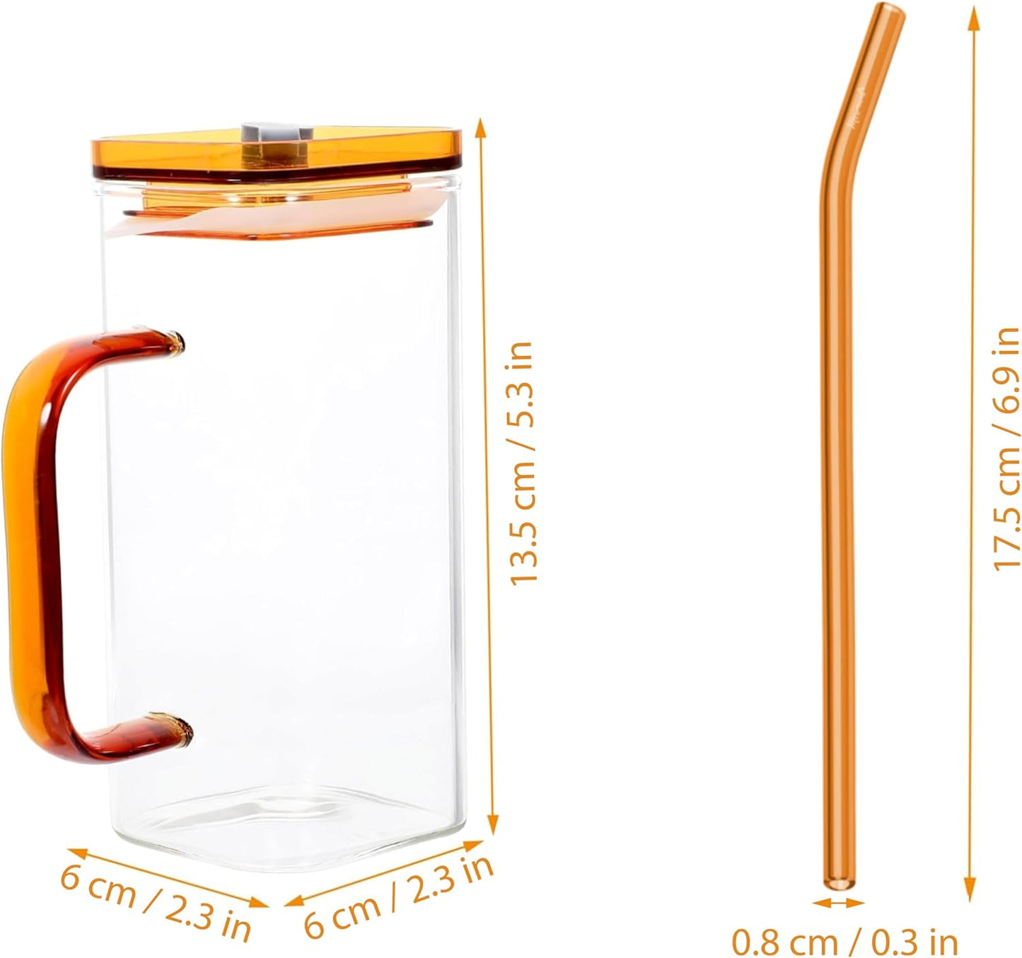 MHome 350ml Square Glass Tumbler with Lid and Straw, Brown Handle