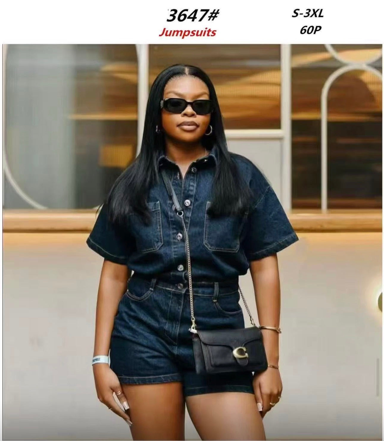 Ladies Collar Short Sleeve Single Breasted Retro Pocketed Denim Jumpsuit
