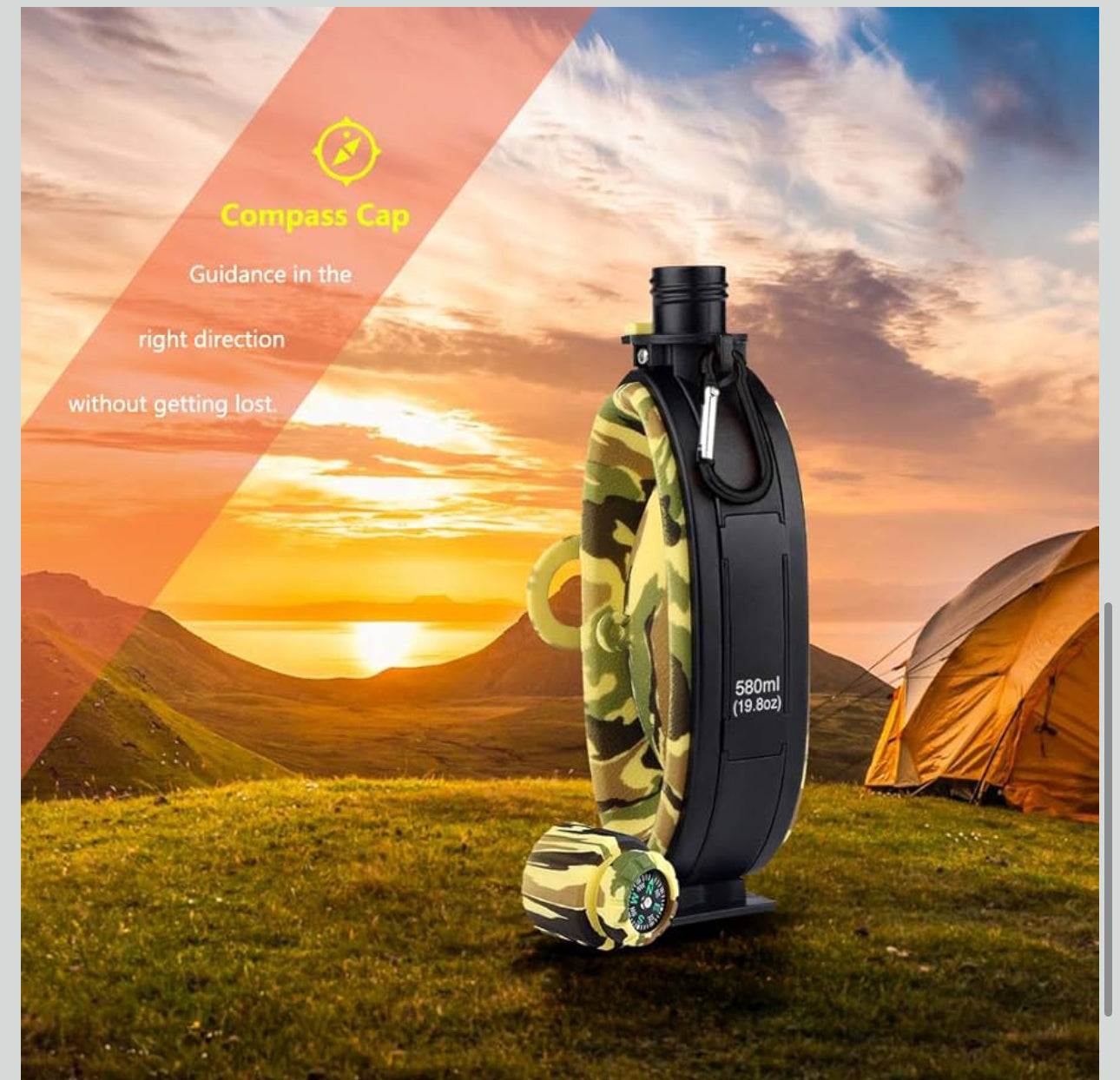 MHome Foldable Silicone Water Bottle With Compass - Retractable Portable Design For Camping Hiking Outdoor Adventures Leakproof -Various Colours