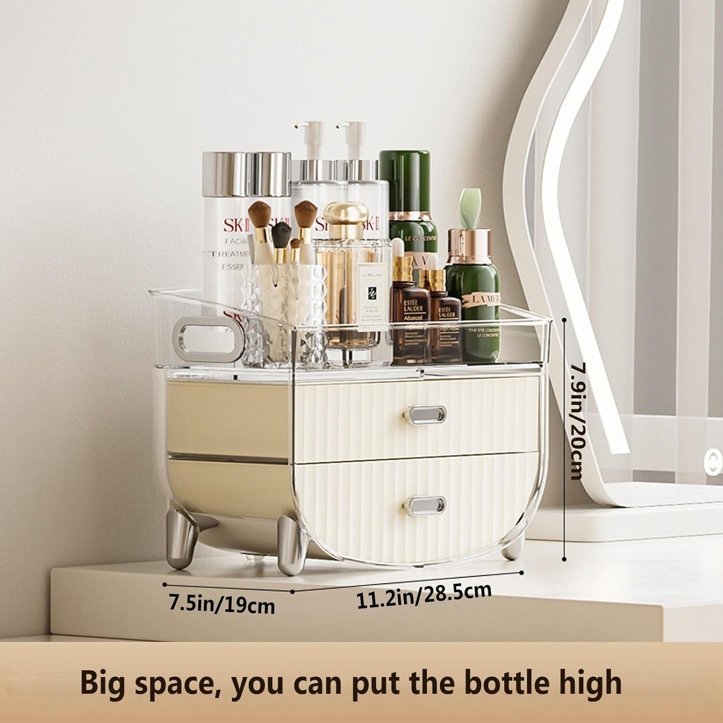 2-Drawer Vanity Organiser with Removable Top Tray – Makeup & Skincare Storage