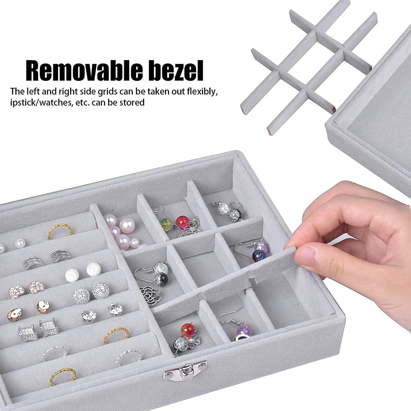 MBEAUTY Velvet Jewelry Organiser Box with Glass Lid & Adjustable Compartments