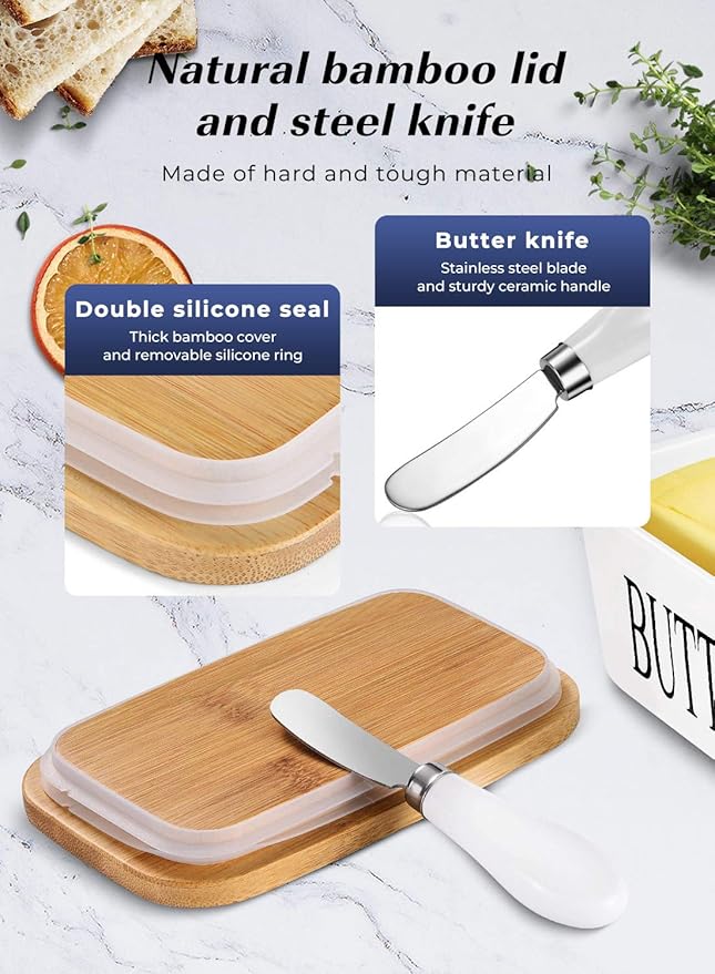 MHome Ceramic Butter Dish with Bamboo Lid and Stainless Steel Knife