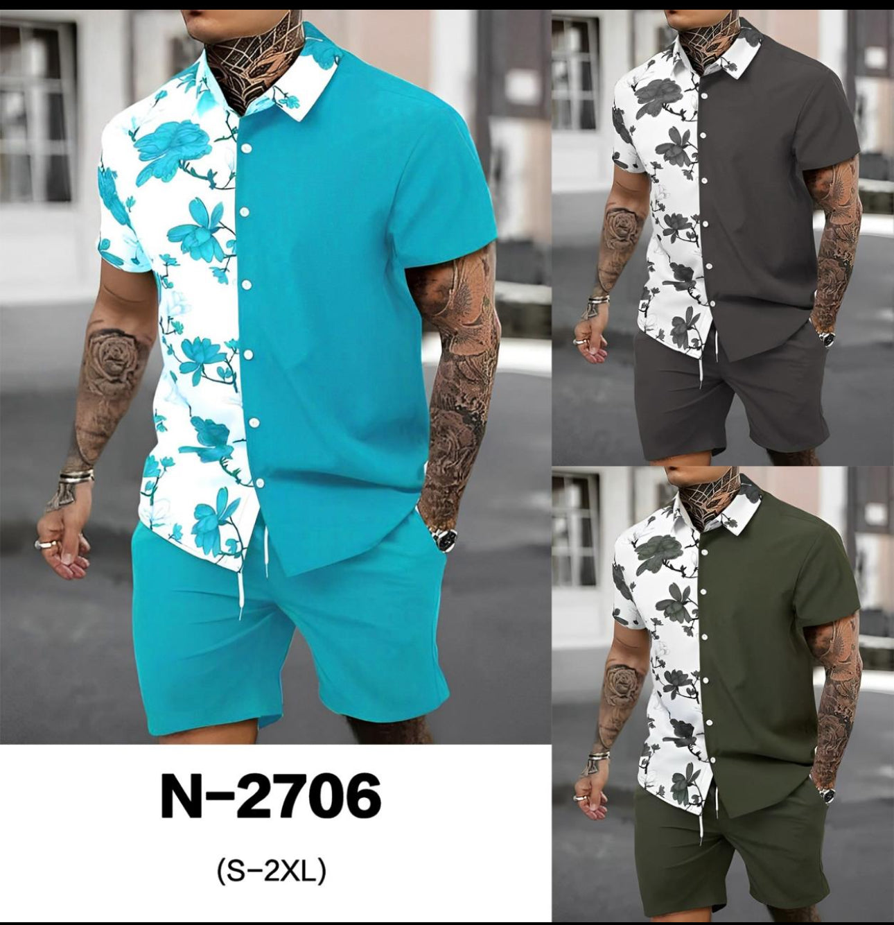 GORGLITTER Men's 2 Piece Outfits Floral Colorblock Button Down Shirt and Drawstring Boho Beach Shorts Set