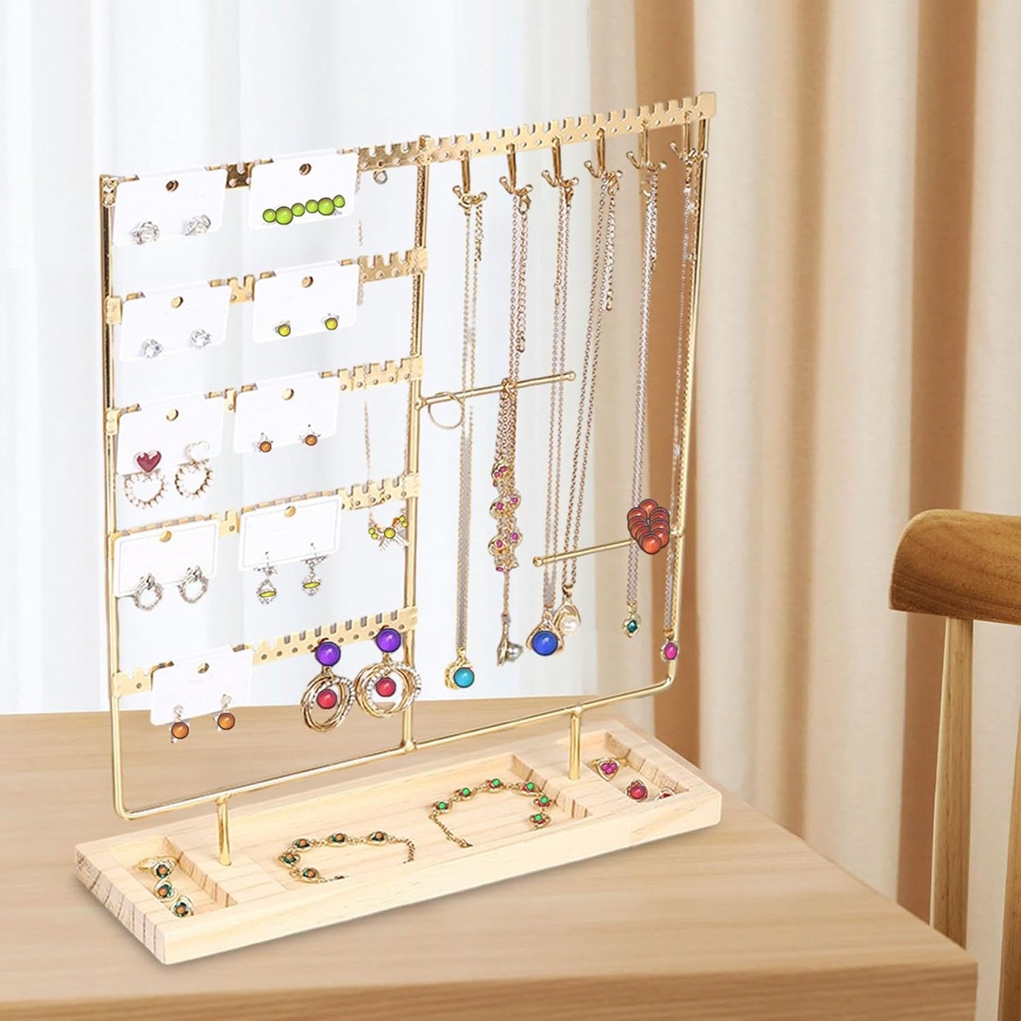 Jewelry Organizer – 5 Tier Earring Holder with 90 Holes & 2 Metal Bars | Wooden Base Display Stand