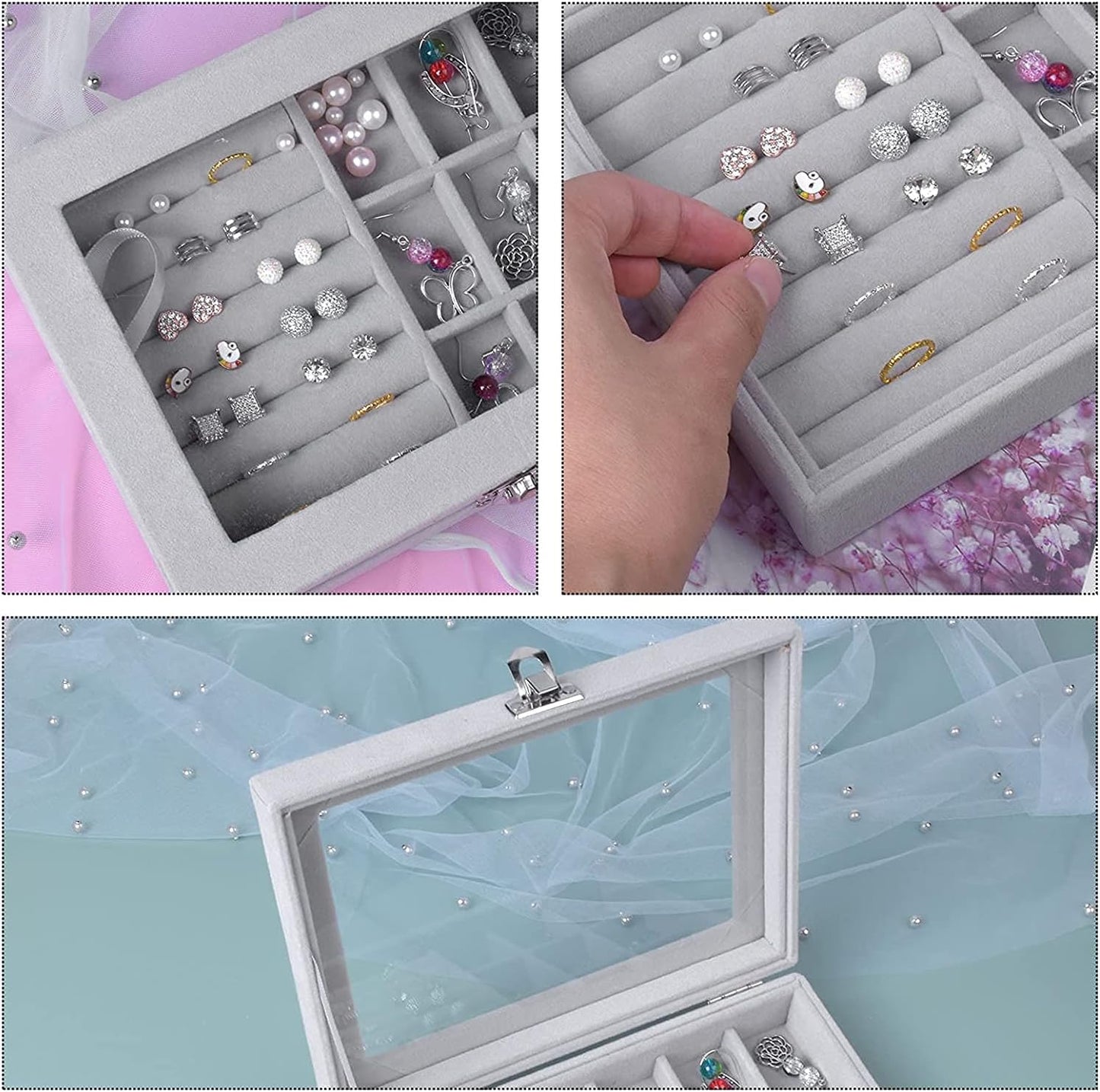 MBEAUTY Velvet Jewelry Organiser Box with Glass Lid & Adjustable Compartments
