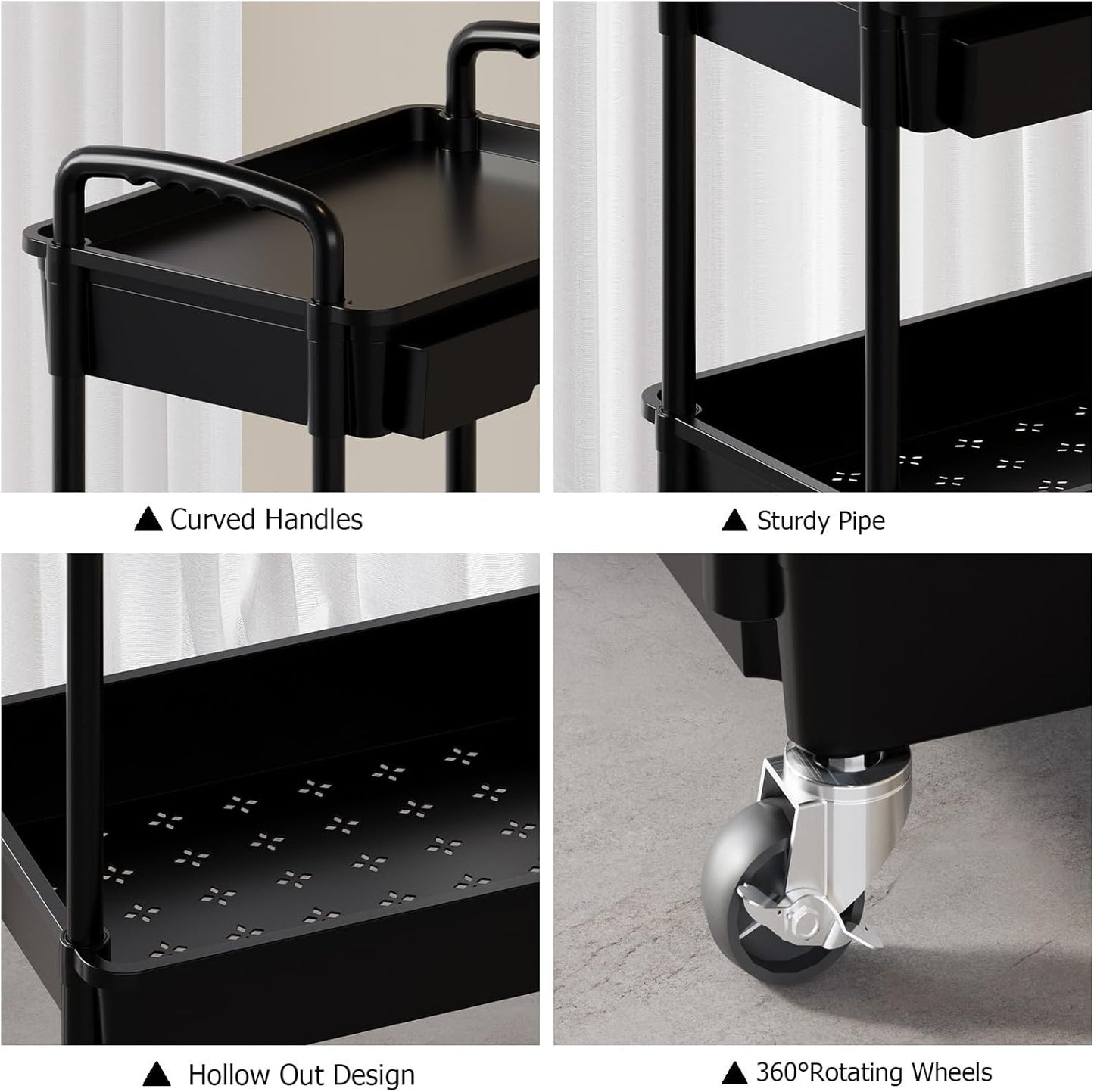 MHome Majestic 3 Or 4-Tier Utility Cart With Drawer – Black Or White