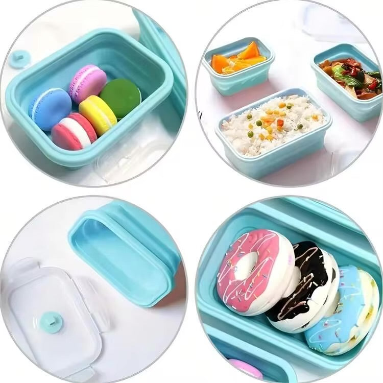 MHome 4pc Foldable Lunch Box, Silicone,With Sealed Lid And Ventilation Valve, Leak-Proof And Easy To Clean