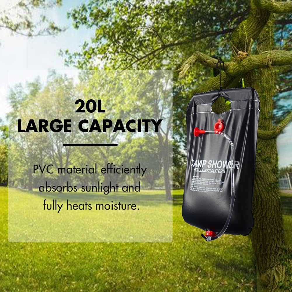 Portable Solar Heated Camp Shower Bag 20L – Outdoor PVC Shower with On/Off Switch & Temperature Heating up to 50°C