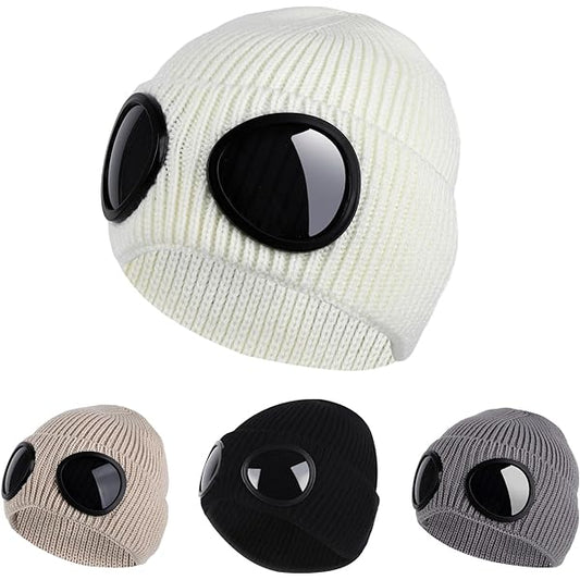 Unisex Goggles Beanie Hat – Knitted Winter Cap with Built-in Goggle Lenses