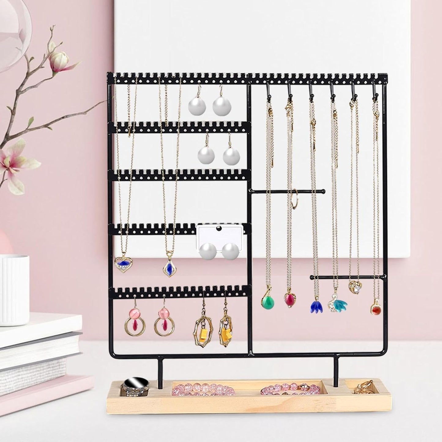 Jewelry Organizer – 5 Tier Earring Holder with 90 Holes & 2 Metal Bars | Wooden Base Display Stand