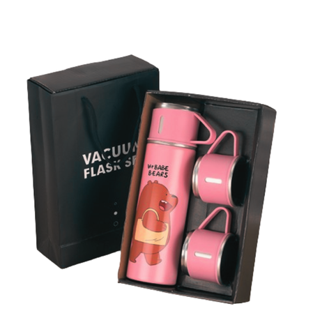 Animated 500ml Insulated Vacuum Flask with 3 Mugs Set - Various Colours