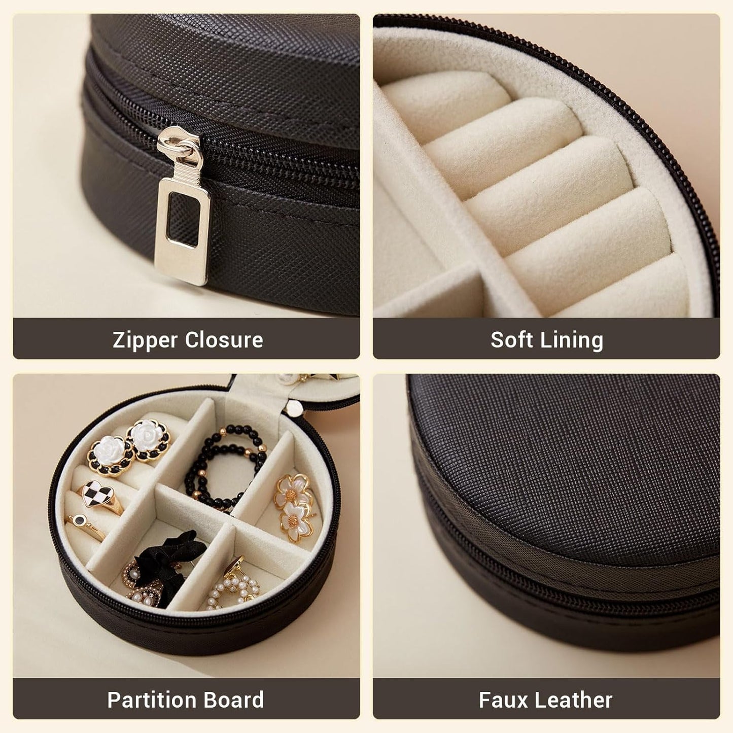 Travel Jewelry Case for Women – Small Round Faux Leather Organizer for Rings, Earrings & Necklaces