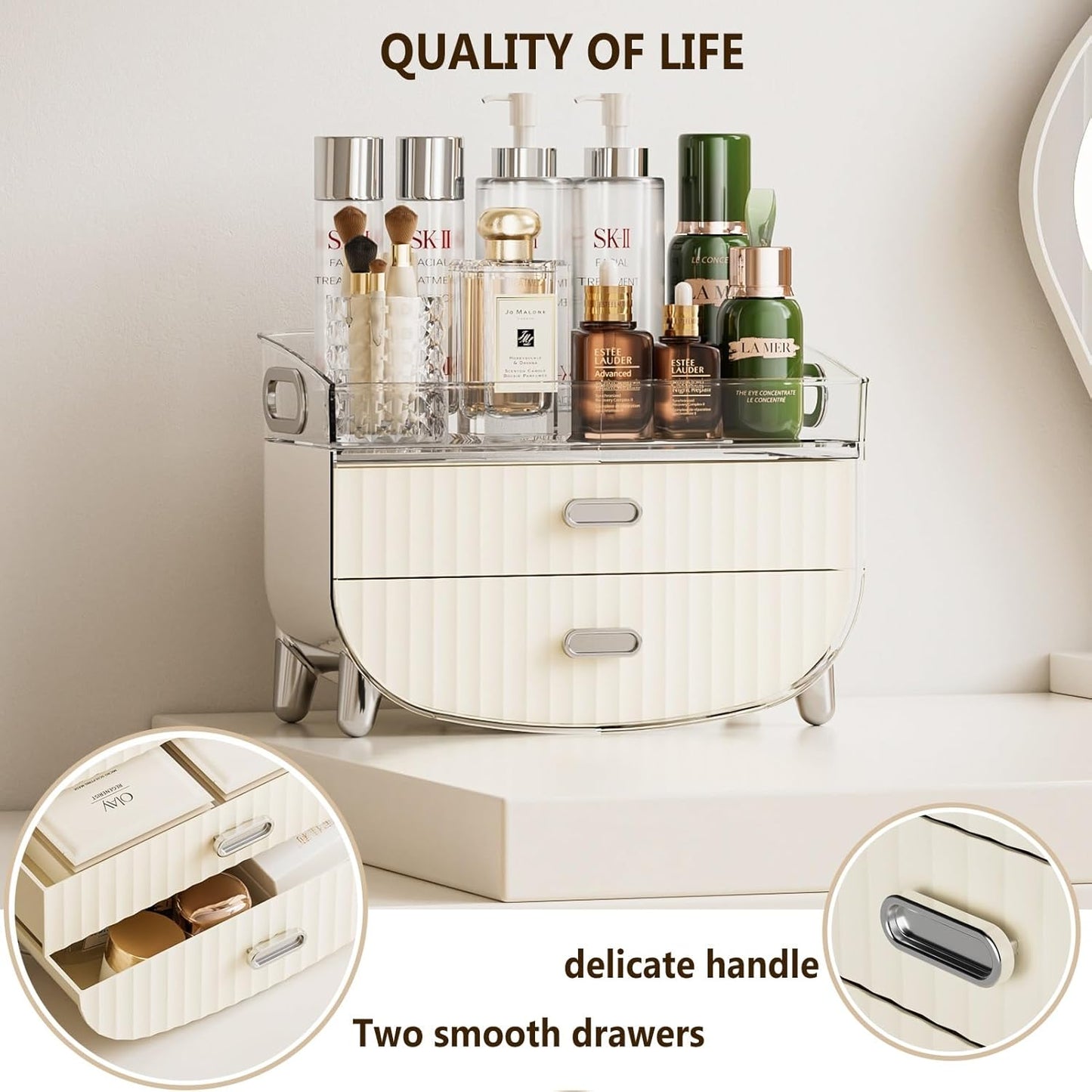 2-Drawer Vanity Organiser with Removable Top Tray – Makeup & Skincare Storage