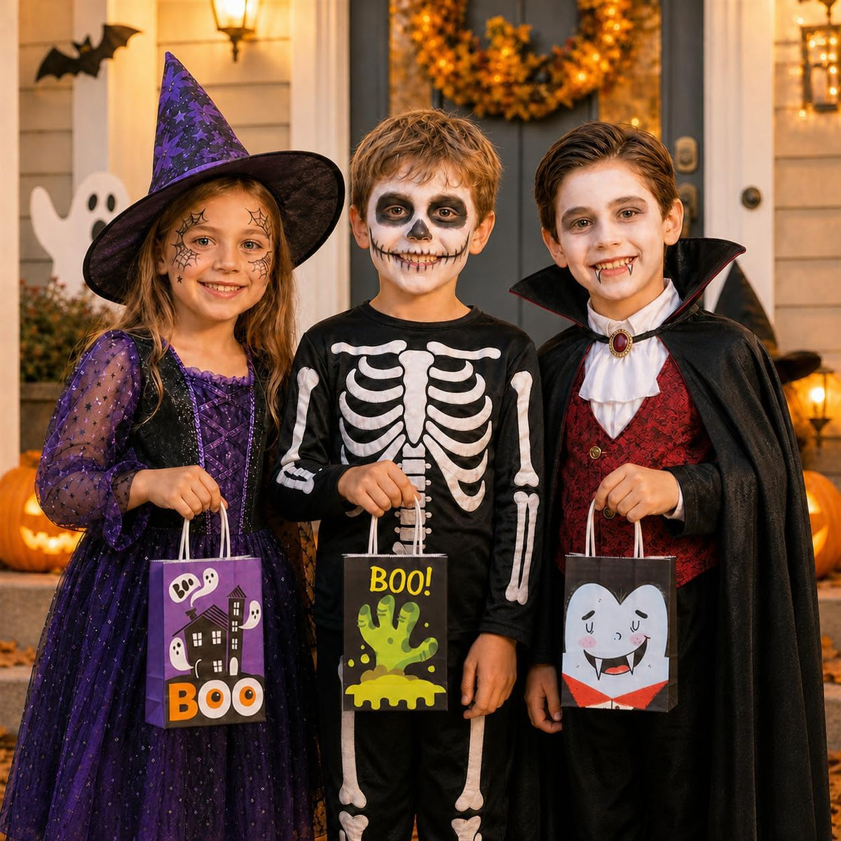 Halloween Paper Gift Treat Bags for Kids, 12 Pack 7 Spooky Designs with Handles