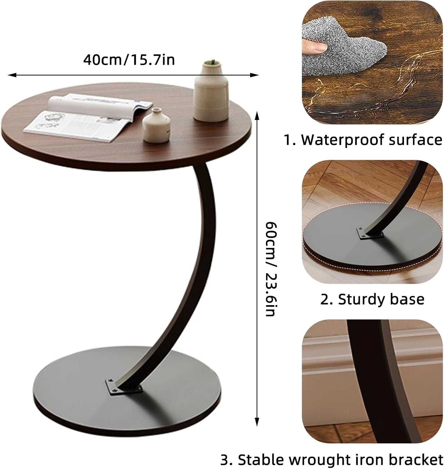 C-Shaped Wooden Side Table – Mobile Small Coffee Table with Metal Frame for Living Room or Bedroom