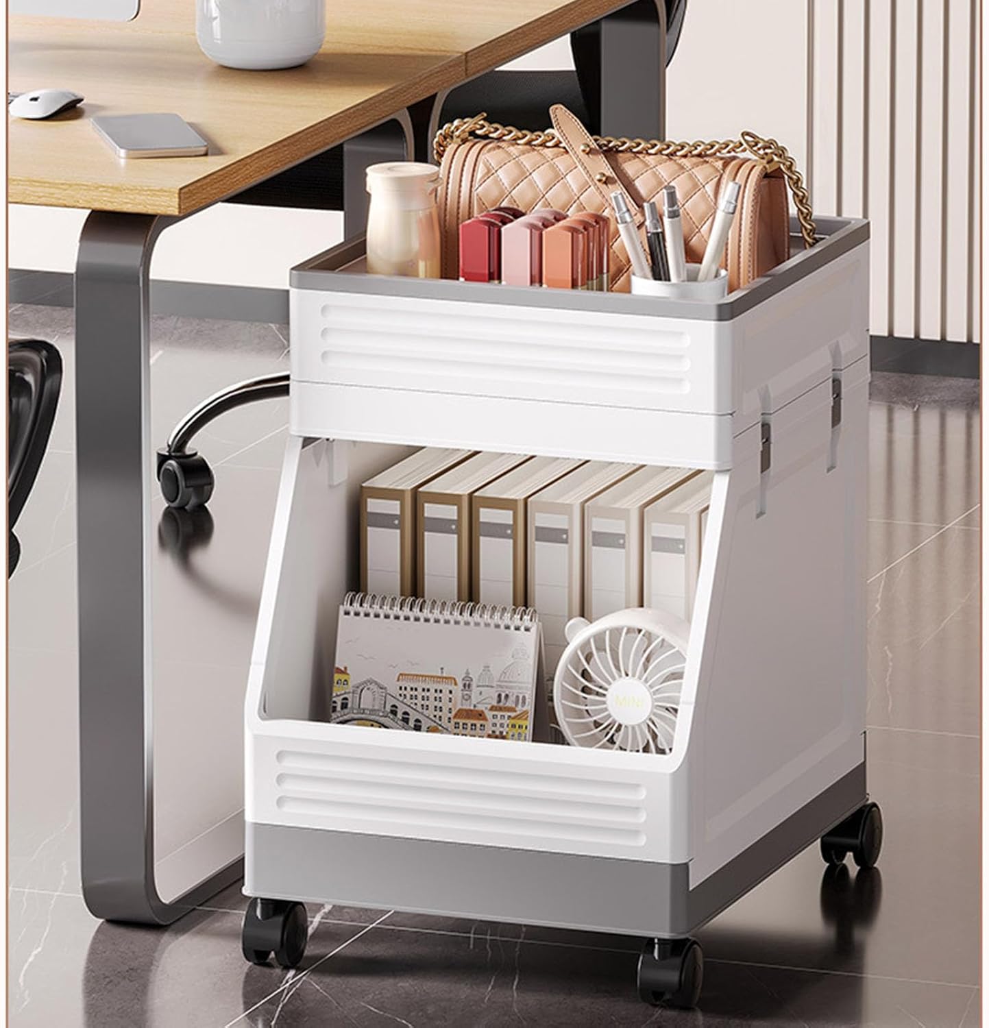MHome Rolling Utility Cart – Folding Double Layer Mobile Storage Organizer with Wheels