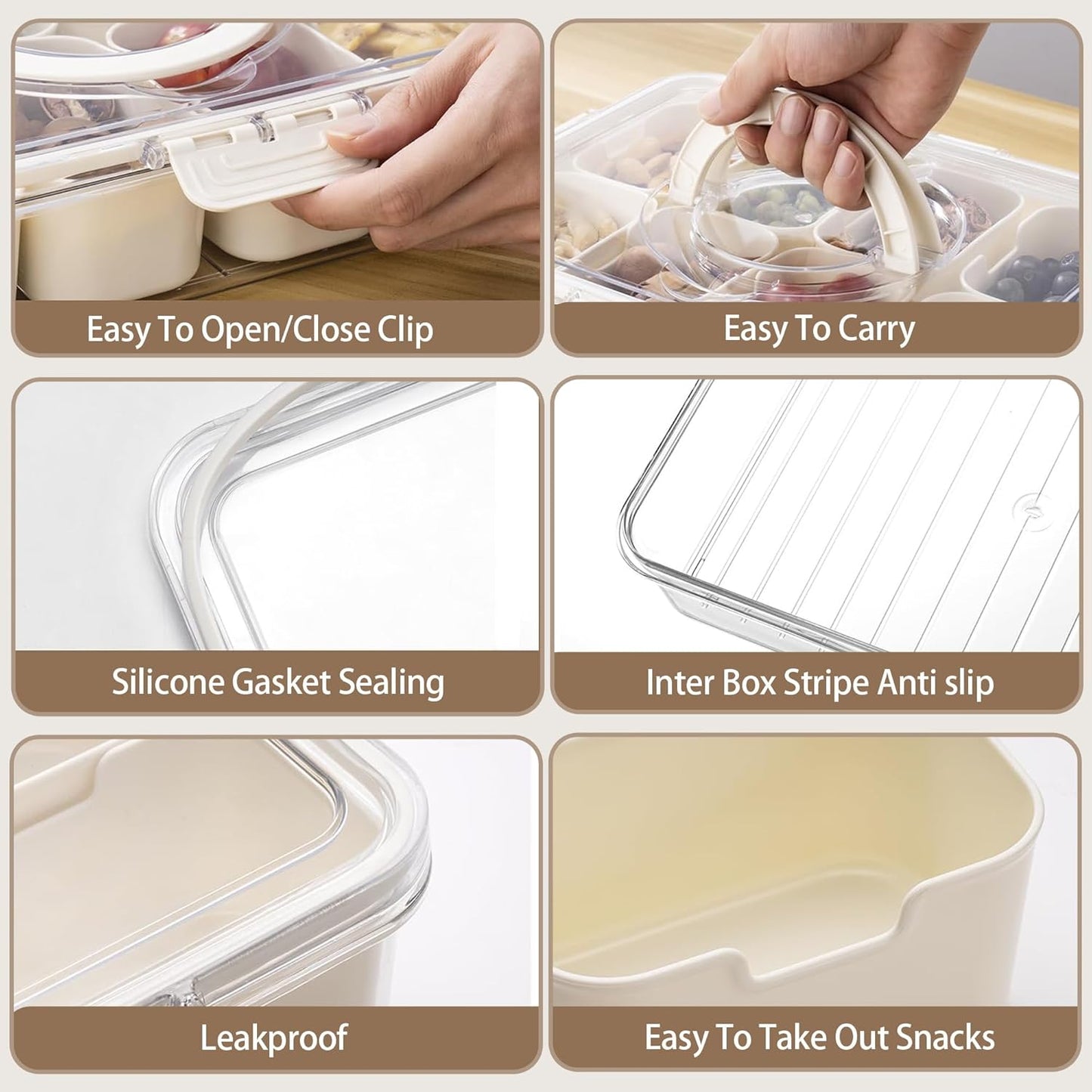 MHome 6 & 9-Compartment Divided Clear Snack Box with Lid & Handle