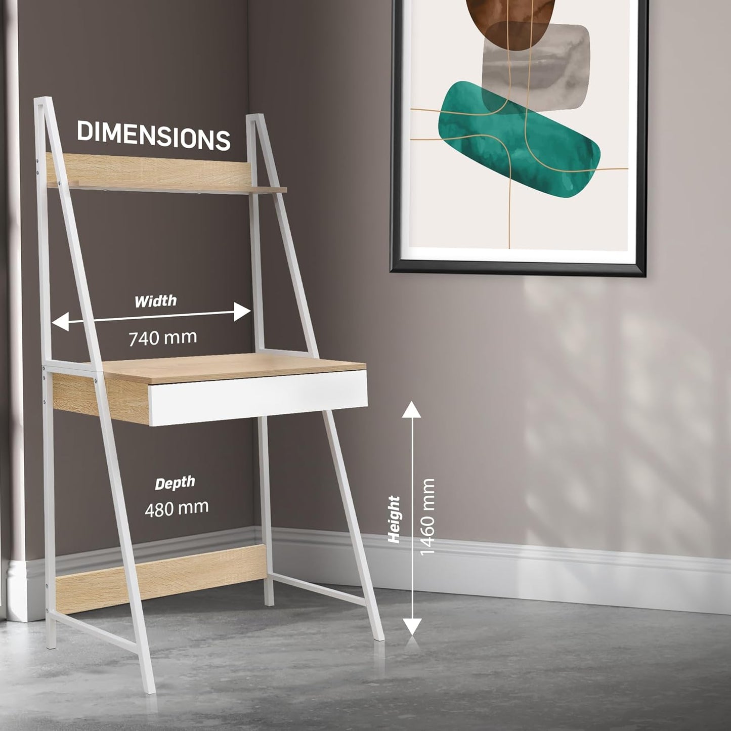 MFurn Modern Ladder Study Desk With Shelf – Wood & White Metal Frame