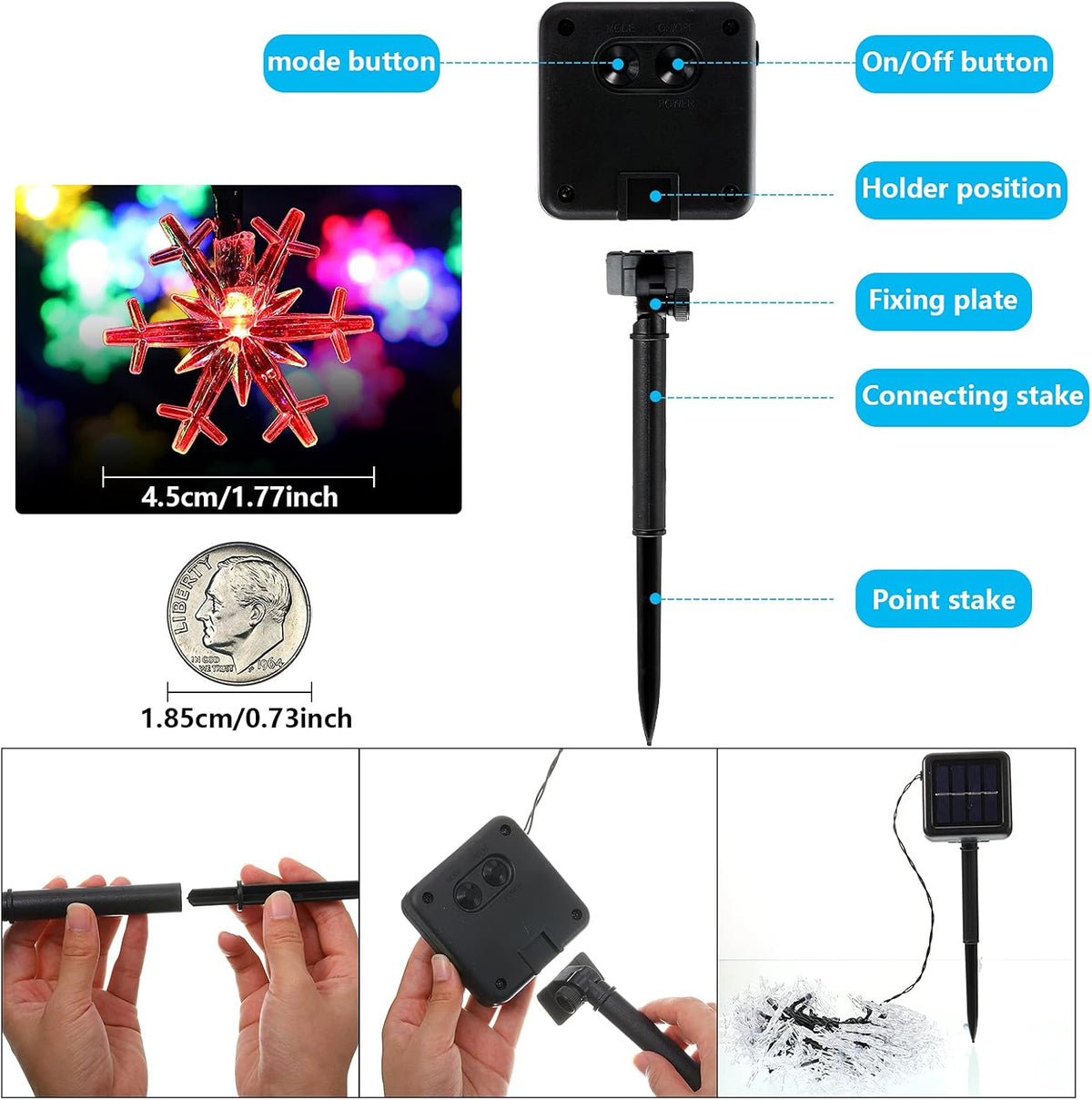 Solar Snowflake String Lights, 5m with 20 LEDs, Multicolour Outdoor Decoration