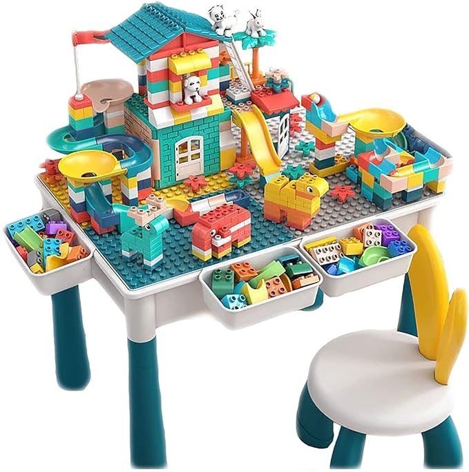 Kids Multi-Functional Educational Block Table and 1 Chair Set ...