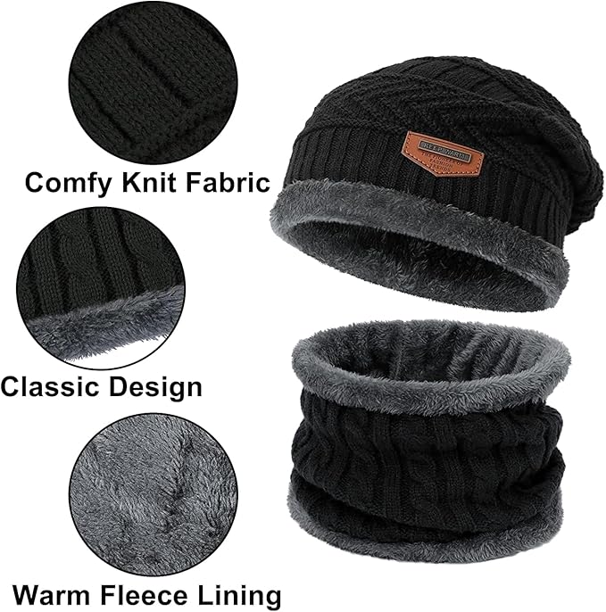Winter Beanie Hat & Scarf Set – Thick Fleece Lined Knit Cap & Neck Warmer for Cold Weather, Unisex Fit