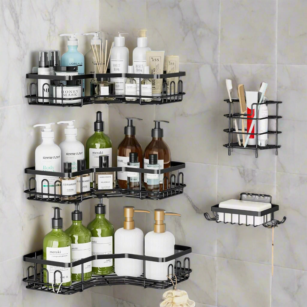 Mhome White 5-Piece Shower Organizer Set, No-Drill, Rustproof Corner Shelves