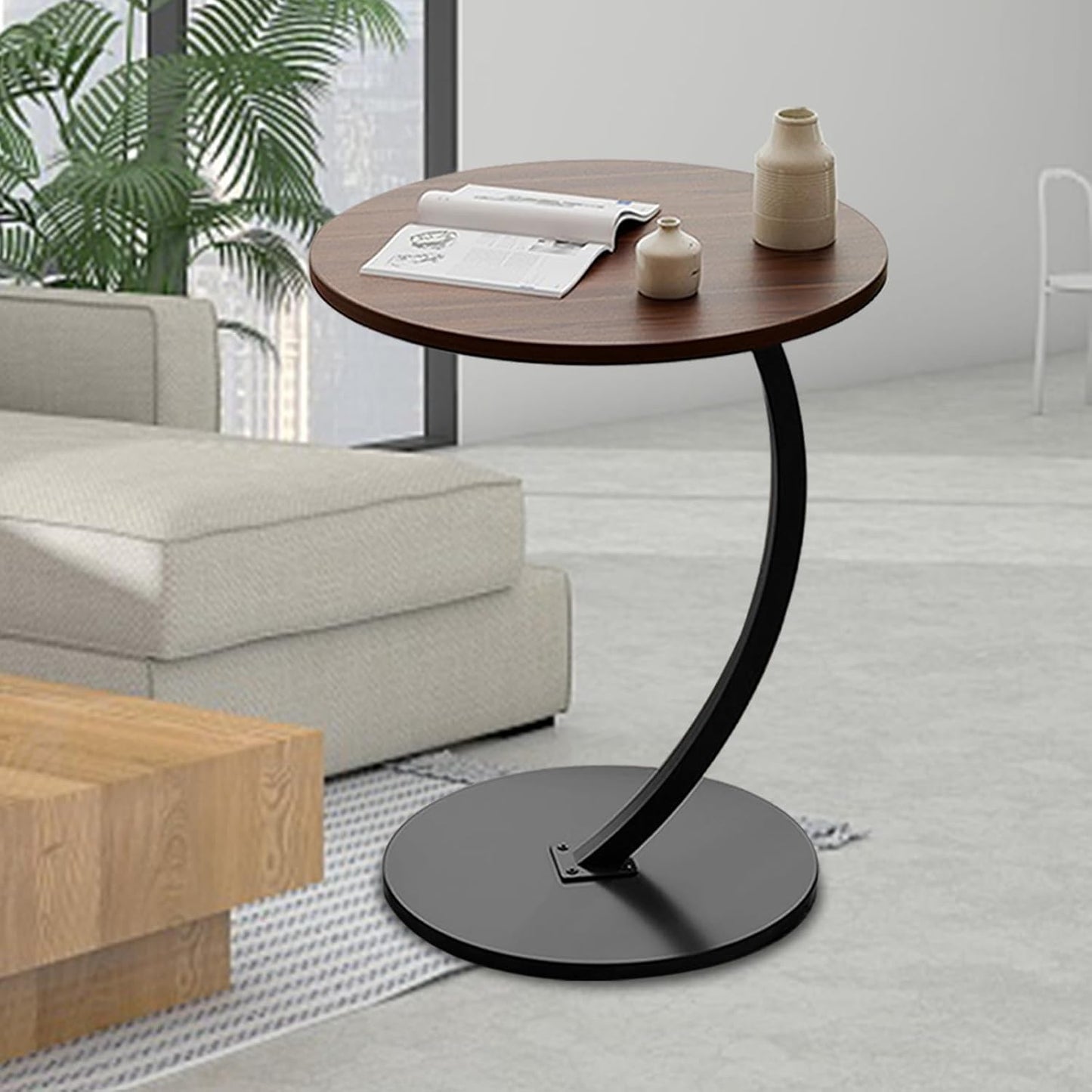 C-Shaped Wooden Side Table – Mobile Small Coffee Table with Metal Frame for Living Room or Bedroom