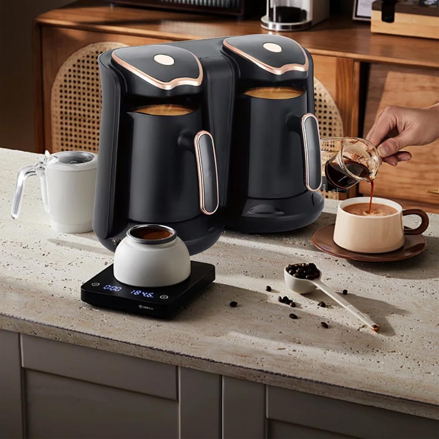 RAF R.109 Dual Turkish Coffee Maker – 2-Cup Electric Coffee & Tea Machine with Smart Anti-Overflow Sensor, 1200W, Reusable Filter