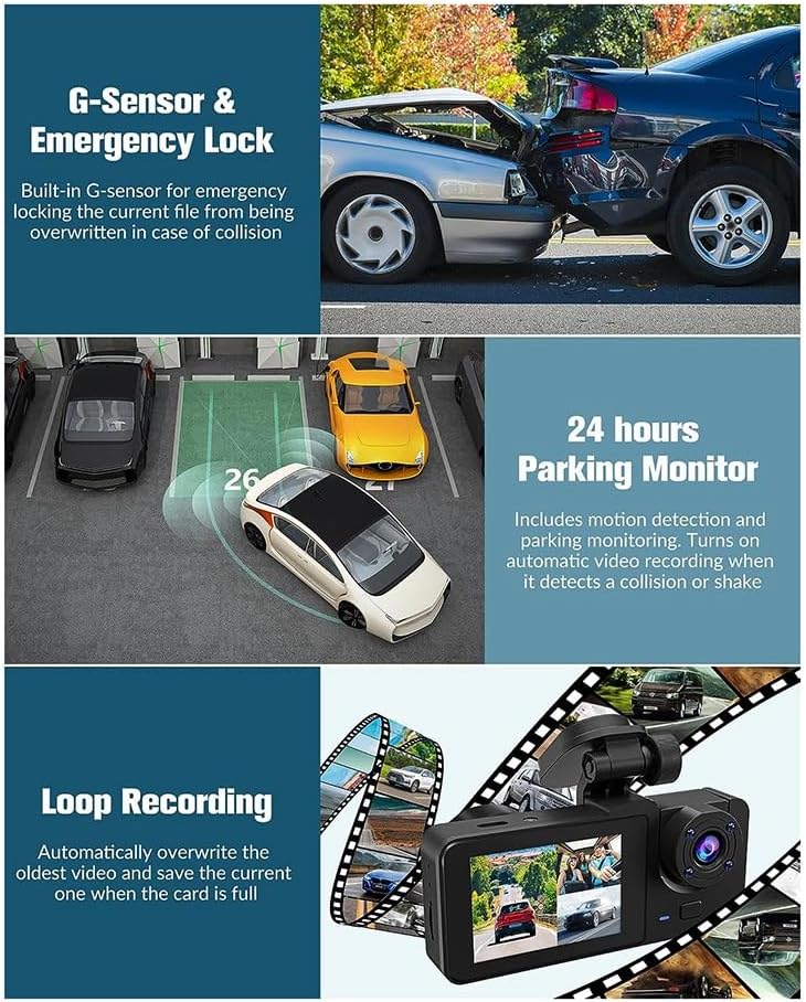 1080P 3-Lens Car Dash Camera – Front, Rear & Inside DVR with Night Vision, G-Sensor & 24H Parking Record