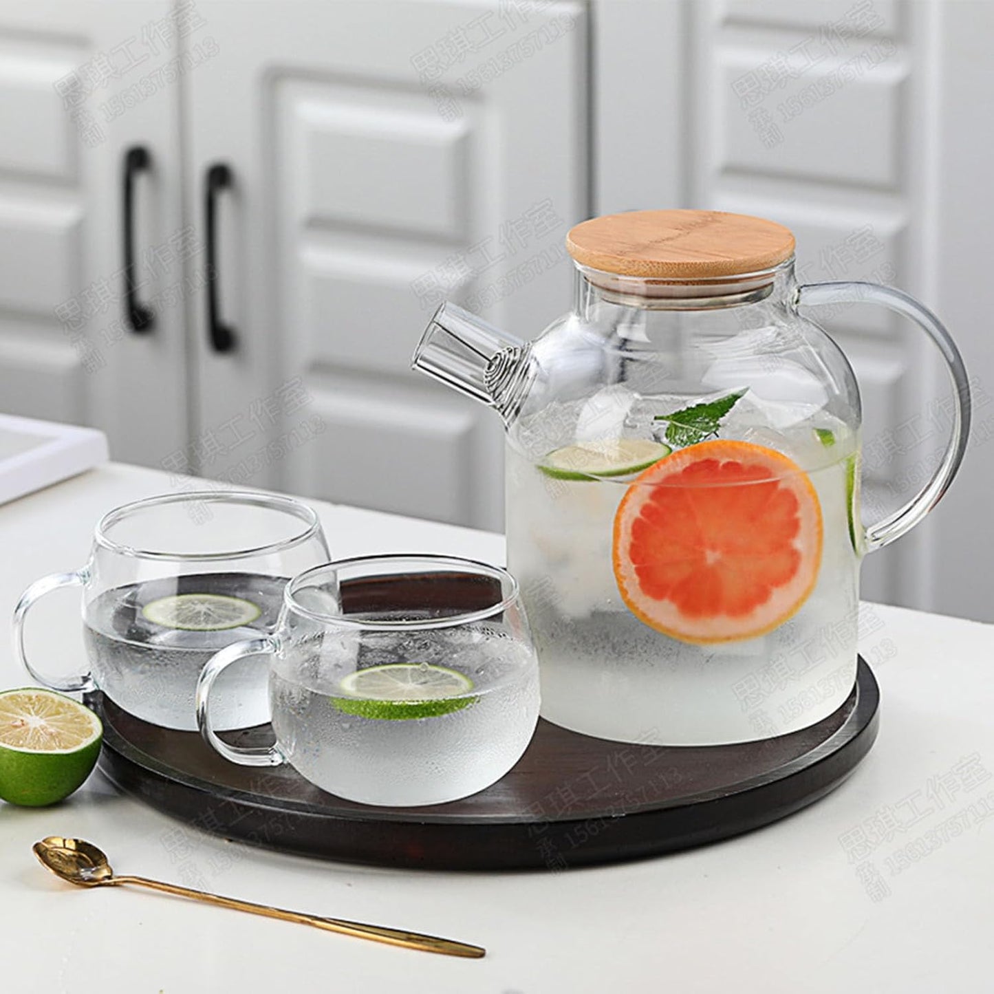 MHome Glass Water Pitcher with Bamboo Lid and Filter – 1.5L High Borosilicate Beverage Jug