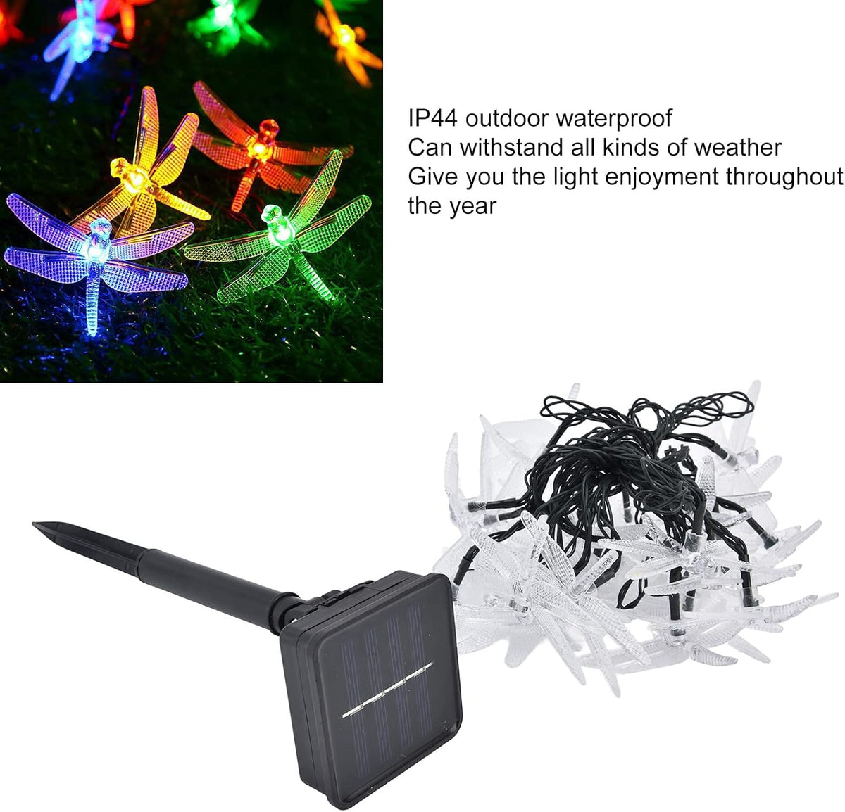 Solar Dragonfly String Lights, 5m with 20 LEDs, Multicolour Outdoor Decoration