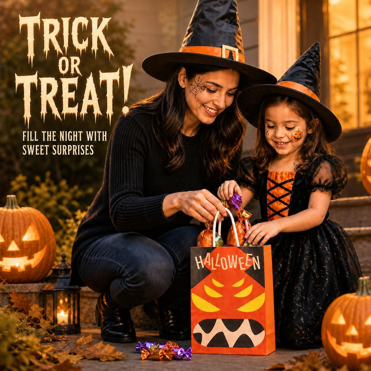 Halloween Paper Gift Treat Bags for Kids, 12 Pack 7 Spooky Designs with Handles
