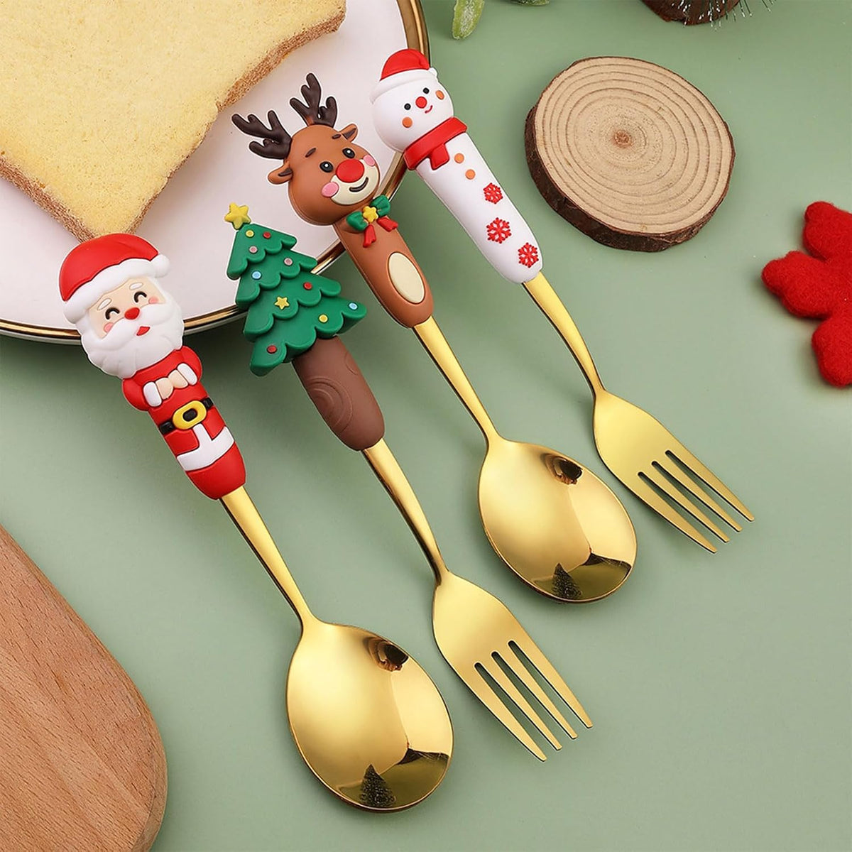 MHome Christmas Spoon and Fork Set, 4-Piece Stainless Steel Cutlery with Festive Figurine Handles