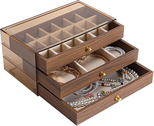 3-Teir Wooden Jewellery Storage Box With Glass Display Lid - Various Sizes