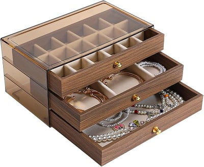 3-Teir Wooden Jewellery Storage Box With Glass Display Lid - Various Sizes