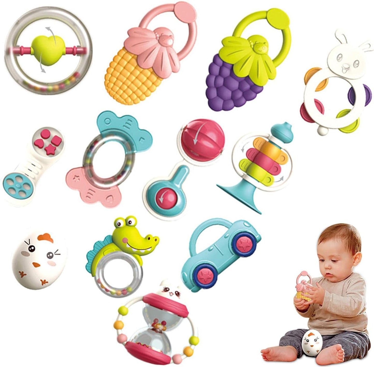 Baby Rattles & Teether Toys Set – 12 PCS Sensory Toys for Newborns (0–12 Months)